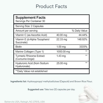 Bettervits Collagen Peptides Complex with Hyaluronic Acid & Turmeric | Hydrolyzed Marine Collagen Supplements for Women & Men | Collagen with Vitamin C for Skin, Hair, Nails & Joints – 60 Capsules