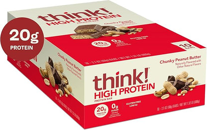 think! Protein Bars, High Protein Snacks, Gluten Free, Kosher Friendly, Chunky Peanut Butter, Nutrition Bars, 2.1 Oz per Bar, 10 Count (Packaging May Vary)