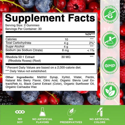Vitamatic Rhodiola Rosea Gummies – Sugar-Free Plant-Based Extract – Mixed Berry Flavor – Vegan, Non-GMO – Adaptogen Supplement Gummies – 60 Count