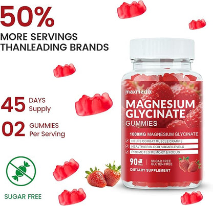 Magnesium Glycinate Gummies 1000mg, Sugar Free Magnesium Potassium Supplements Chewable for Adults with L-Threonate for Sleep, Body Support and Relaxation,90 Strawberry Gummies
