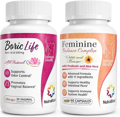 NutraBlast Boric Acid Suppositories 600mg (30 Count) Bundle with Feminine Balance Complex (60 Capsules) | Detox & Cleanse | Supports Healthy Intestinal Flora & Immune System