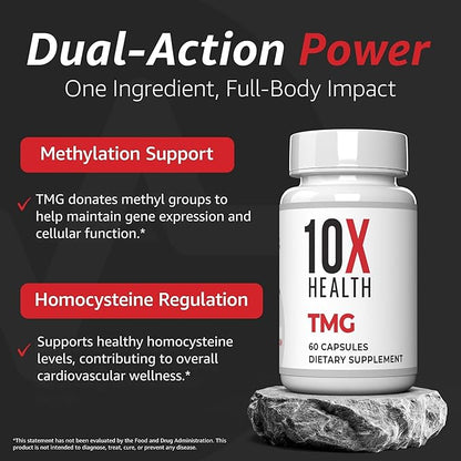 10X Health TMG Supplements - Trimethylglycine Supplement for Liver Support, Heart Wellness, Energy, Homocysteine Levels - TMG Capsules with Betaine Anhydrous - Non-GMO & Gluten-Free - 60 Capsules