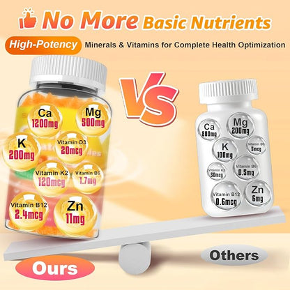 Calcium Citrate Gummies, Calcium Supplements for Women & Men, High Absorption Calcium Gummies with Vitamin D3, Magnesium & Zinc for Muscle, Bone & Immune Support, Orange Flavor, 60 Count