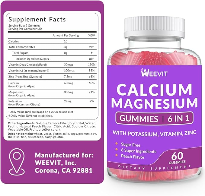 Sugar Free Calcium Gummies Supplement 600mg, Calcium Magnesium Zinc Gummies with Vitamin D3 K2, Potassium, High Absorption CA Gummy for Bone, Teeth & Muscle