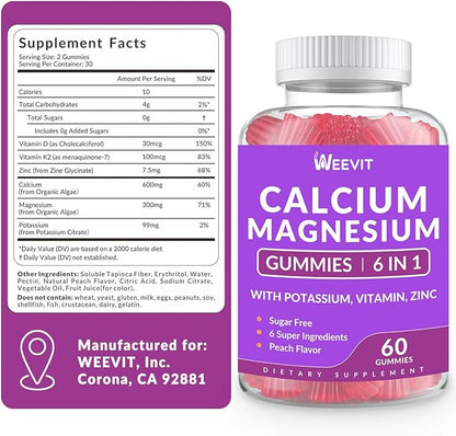 Sugar Free Calcium Gummies Supplement 600mg, Calcium Magnesium Zinc Gummies with Vitamin D3 K2, Potassium, High Absorption CA Gummy for Bone, Teeth & Muscle