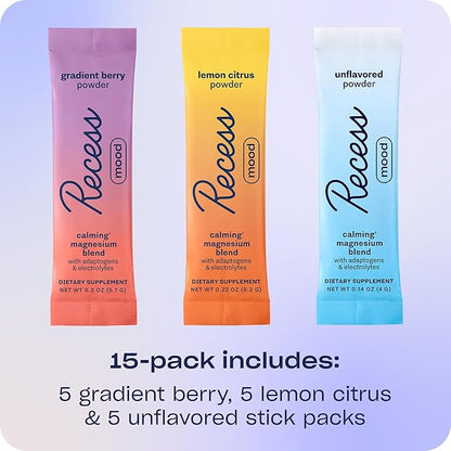 Recess Mood Powder, Magnesium L-Threonate Blend with Passion Flower, L-Theanine, Electrolytes, Magnesium Calm Support Powder Supplement -Sampler Pack, Pack of 15