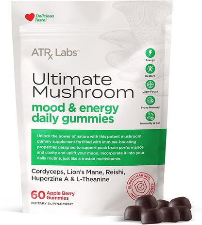 Ultimate Mushroom Daily Gummies - Mushroom Gummies with Cordyceps, Lion’s Mane, and Reishi, Plus Huperzine A & L-Theanine, May Improve Mood and Energy, Apple Berry Flavor, 60 Count
