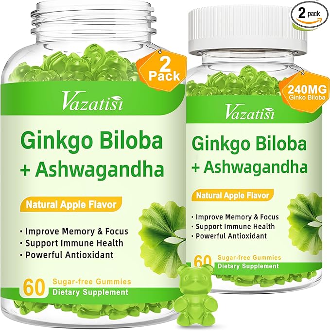 2 Pack Ginkgo Biloba Gummies 240MG with Panax Ginseng for Better Mood and Focus, Booster Brain Health, 120 Vegan Apple Flavor Gummies