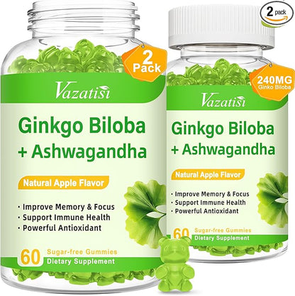 2 Pack Ginkgo Biloba Gummies 240MG with Panax Ginseng for Better Mood and Focus, Booster Brain Health, 120 Vegan Apple Flavor Gummies