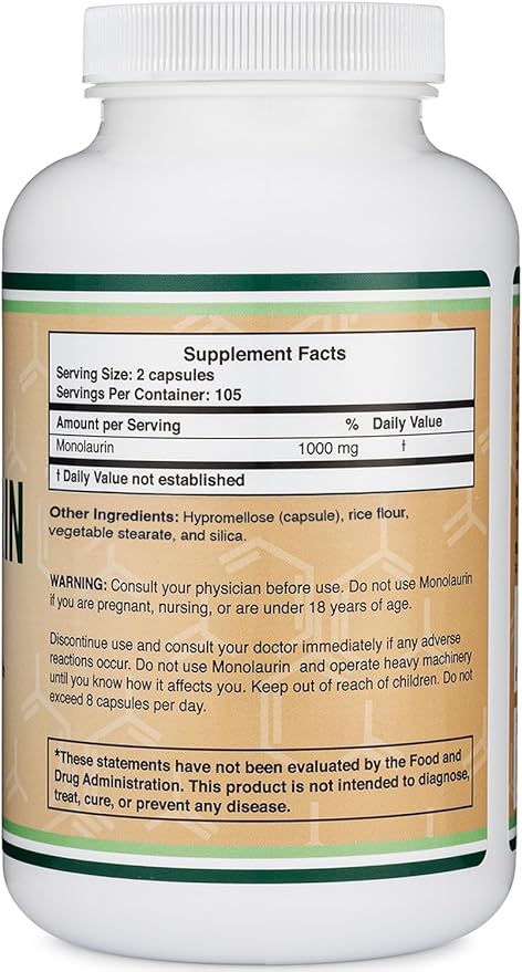 Monolaurin Immune Support Supplement 1,000mg per Serving, 210 Capsules (Vegan Safe, Non-GMO, Gluten Free) Immune Booster for Adults, Immune System Defense by Double Wood