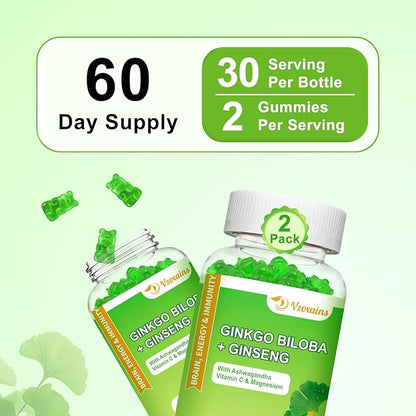 2 Packs 240mg Ginkgo Biloba Gummies, Supports Healthy Brain Function, Mood and Memory Support for Adults, 120 Cts