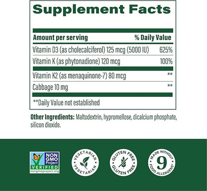 MegaFood Vitamin D3 5000 IU (125 mcg) - Vegetarian Supplements with Vitamin D3 K2 - Supports Bones, Teeth, Muscles & Immune Health - Certified Non-GMO - 60 Mini Capsules, 60 Servings (Pack of 2)