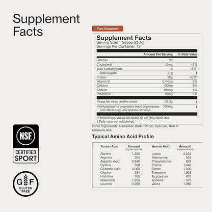 Momentous Essential Grass-Fed Whey Protein Powder - 20 g Whey Isolate Protein - NSF Certified for Sport - Gluten-Free - 12 Servings for Essential Everyday Use - Pure Cinnamon - Package May Vary