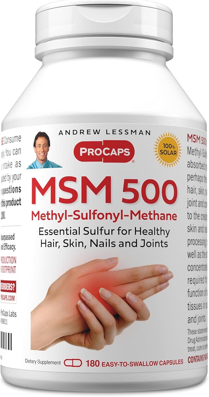 ANDREW LESSMAN MSM 500 Methyl-Sulfonyl-Methane 180 Capsules - Highly Concentrated Source of Organic Sulfur. Supports Healthy Structure and Function of Joints, Skin, Nails and Hair. No Additives