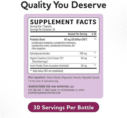 Vaginal Probiotics | 50 Billion CFU for Vaginal Health & pH Balance for Women | Healthy Odor & Yeast Balance | Womens Probiotics and Prebiotics with Cranberry Extract | Gluten-Free, Vegan | 30 Ct