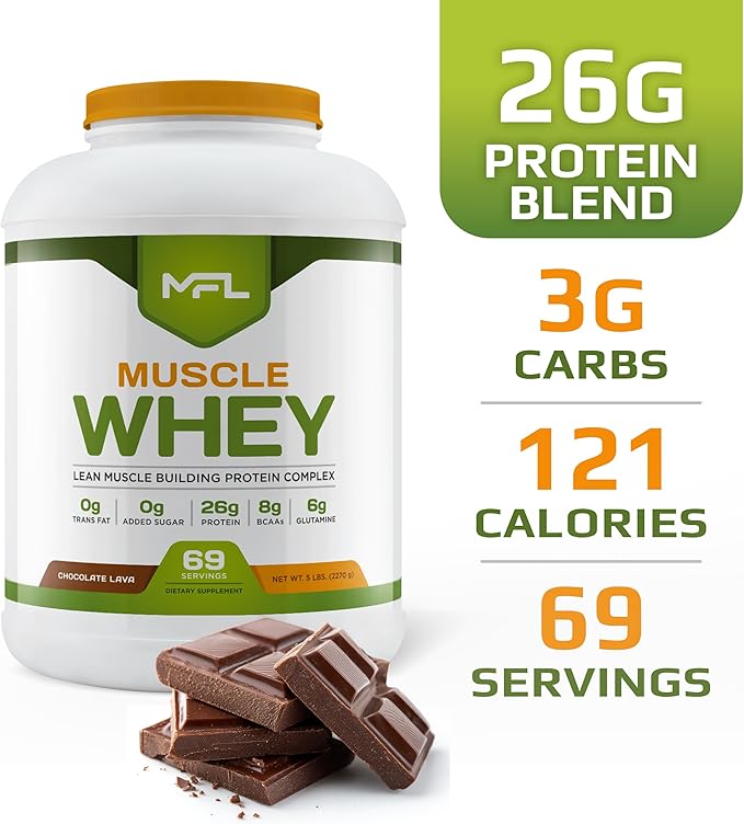 MFL Muscle Whey Protein l 28g of Protein l 8g BCAAs l Keto Friendly l Low Carbs l 5 lbs. (Chocolate Lava)