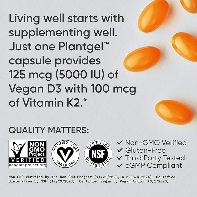 Sports Research® Vitamin D3 + K2 w/ Coconut Oil - Vegan Vitamin D 5000iu & Mk7 Vitamin K 100mcg for Bone & Immune Support - Vegan Certified · Non-GMO · Soy Free - 60 Softgels