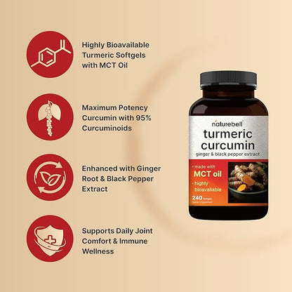 Turmeric Curcumin Supplement with Black Pepper & Ginger | 95% Curcuminoids | 240 Softgels with MCT Oil for Better Absorption (120 Day Supply)