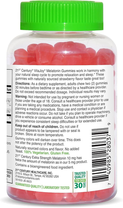 21st Century Healthcare VitaJoy Extra Strength Melatonin 10 mg Gummies, Strawberry, 60 Count, Red, 0.43 pounds, (Pack of 1)