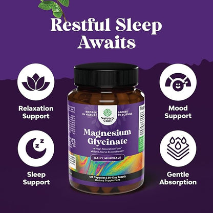 Pure Magnesium Glycinate Supplement 500mg - Magnesium for Sleep and Rest Capsules for Men & Women - Unflavored Vegan High Absorption Pills for Relaxation Support - 120 Count