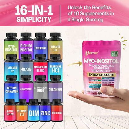 Myo-Inositol & D-Chiro Inositol Gummies with Berberine, Vitamins D3+K2, B12, Folate, Zinc, Magnesium, Ashwagandha, Chasteberry, Bioperine, DIM - 16 in 1 Supplement - Mixed Berry Flavor - 90 Gummies