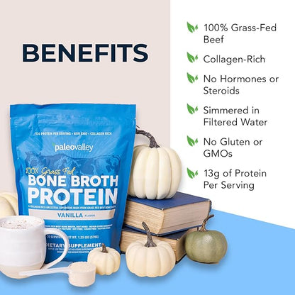 Paleovalley 100% Grass Fed Beef Bone Broth Protein Powder - Rich in Collagen Peptides for Hair, Skin, Gut Health, Bone and Joint Support - 13g Protein Per Serving - No Gluten or GMOs - Vanilla