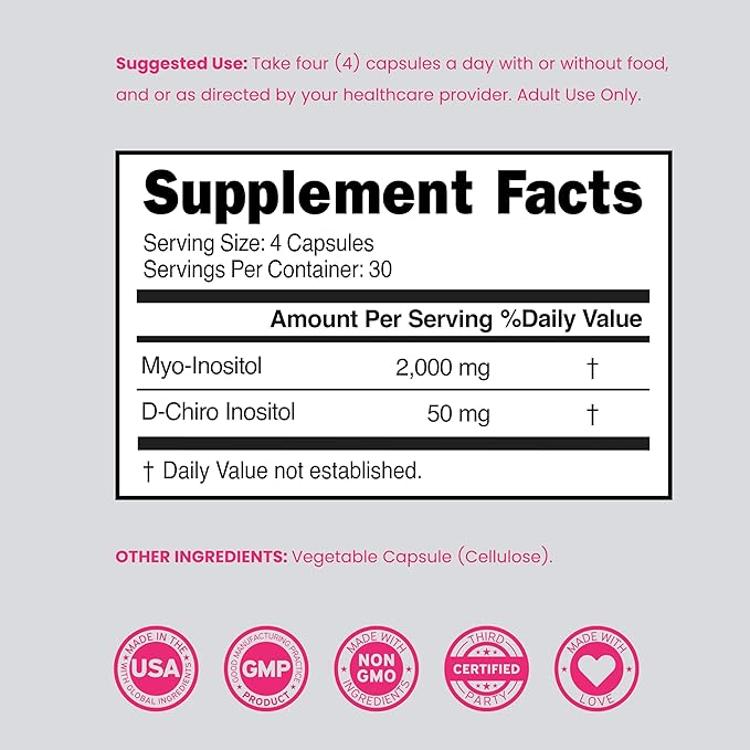 Myo-Inositol & D-Chiro Inositol Supplement For Women (120 Capsules, 2050mg Per Serving Ideal 40:1 Ratio Myo Inositol) Hormone Balance for Women - Third Party Tested, Vegan Safe & USA Made - 120 Count