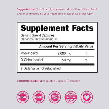 Myo-Inositol & D-Chiro Inositol Supplement For Women (120 Capsules, 2050mg Per Serving Ideal 40:1 Ratio Myo Inositol) Hormone Balance for Women - Third Party Tested, Vegan Safe & USA Made - 120 Count