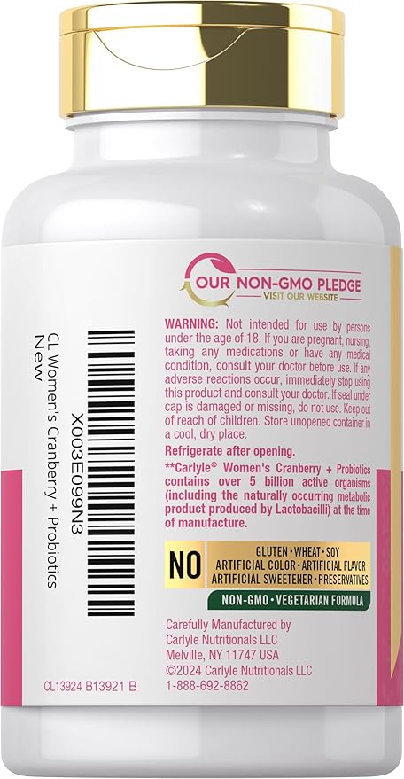 Carlyle Women's Cranberry Plus Probiotics | 120 Capsules | with 14 Probiotic Strains | Vegetarian, Non-GMO, Gluten Free Supplement | for Her
