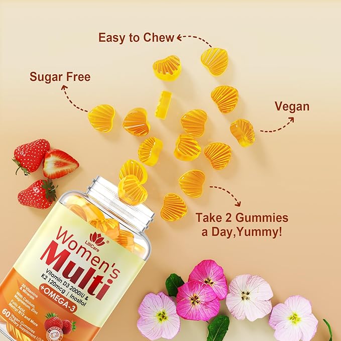 Womens Multivitamin Gummy with Omega 3（DHA/EPA), Vitamin D3 K2, Calcium, Inositol, Daily Womens Vitamin A C E B Complex, L-MethylFolate, Methyl B12,Sugar Free Methylated Multivitamins Minerals, 120Cts