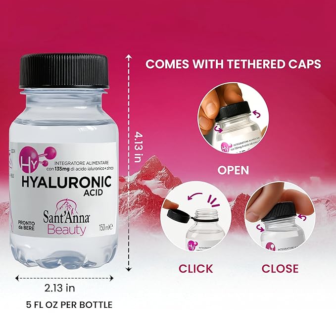Sant'Anna Beauty Hyaluronic Acid, 5 Fl oz (Single Pack) | Hyaluronic Acid Supplement & Zinc for Radiant Skin & Joints in BPA-Free Bottles | Liquid Oral Hyaluronic Acid with Sugar-Free, Gluten-Free