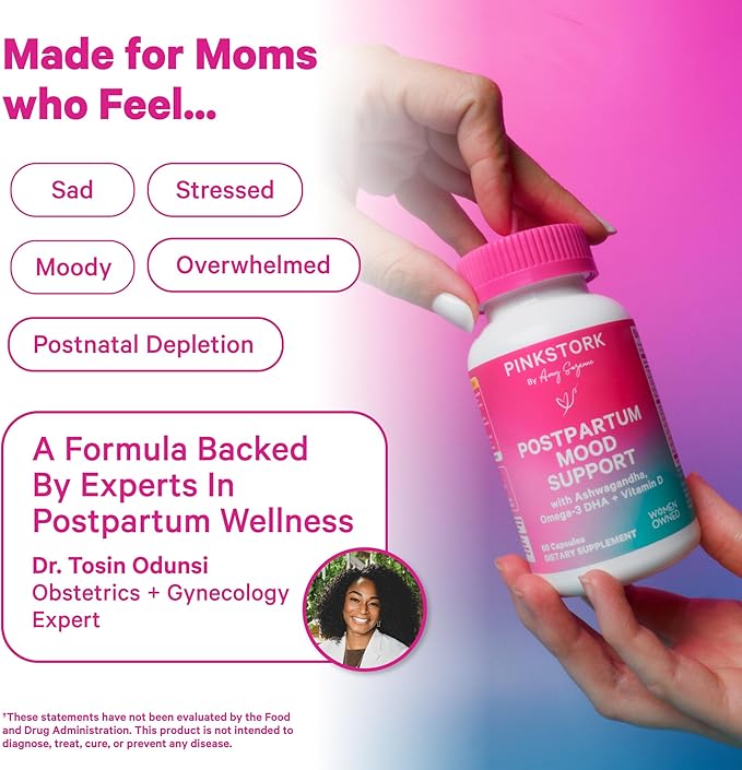 Pink Stork Postpartum Mood Support - Postnatal Hormone Balance for Women - Breastfeeding Friendly - Stress & Cognitive Support, New Mom Essentials - Ashwagandha, Chamomile, & Vitamin D, 60 Capsules