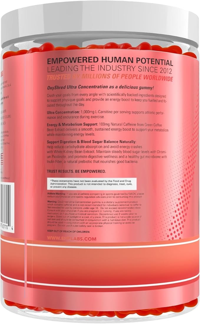EHP Labs OxyShred Gummies - Pre Workout Gummies & Energy Chews with 100mg Caffeine, L-Carnitine for Thermo & Metabolic Support, All Natural Energy Boost - Strawberry Flavor – 60 Servings (Pack of 2)