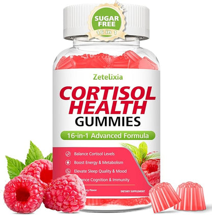 Cortisol Gummies for Women, 16-in-1 Sugar Free Cortisol Supplements for Women with Ashwagandha, Rhodiola Rosea, Magnesium, L-theanine for Relaxation, Zzz, Cognition, Raspberry Flavor, 60Ct