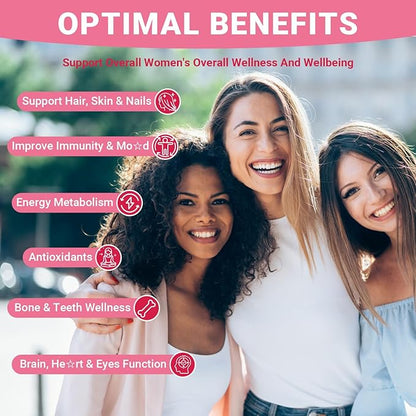 Sugar Free Methylated Multivitamin for Women Gummies, Biotin, Collagen, Calcium, Magnesium, Inositol, Folate, Iron, Vitamin A, C, D, E - Womens Vitamins for Energy, Immune, Bone, Skin, Hair