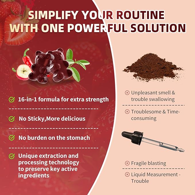 Lukaree 16 in 1 Cayenne Pepper Gummies- Sugar-Free Capsaicin Supplements Complex w/Moringa, Hawthorn, Beet Root - Plus Wormwood, Citrus Bergamot Support Circulation* & Overall Wellness* - 60 CT