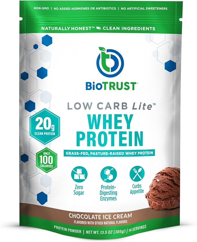 BioTrust Low Carb Lite, 20 Grams of Grass-Fed Whey Protein Isolate, 100 Calories, ProHydrolase Digestive Enzymes, Non-GMO, Free from Soy and Gluten, rBGH-Free (14 Servings) (Chocolate Ice Cream)
