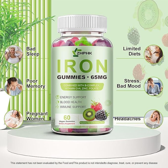 Iron Gummies for Women Men Vitamin Supplement 65mg & Vitamin C 250mg Per Serving with B6 B12 Folate- Energy Support for Iron Deficiency, Anemia, Vegan Raspberry Kiwi & Blackberry Flavor, 120 Gummies