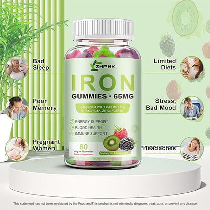 Iron Gummies for Women Men Vitamin Supplement 65mg & Vitamin C 250mg Per Serving with B6 B12 Folate- Energy Support for Iron Deficiency, Anemia, Vegan Raspberry Kiwi & Blackberry Flavor, 120 Gummies