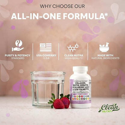 Clean Nutraceuticals Collagen Pills 1000mg Biotin 10000mcg Keratin Saw Palmetto Hyaluronic Acid - Hair Skin & Nails Vitamins & DHT Blocker with Vitamin E Folic Acid Pumpkin Seed MSM - 90 Count