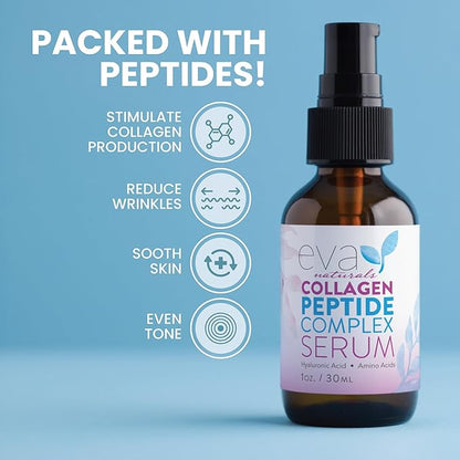 Eva Naturals Multi Peptide Face Serum – Anti Aging Collagen Peptides for Plump & Firm Skin Elasticity, Wrinkle & Fine Line Renewal, Fragrance Free Firming Facial Skincare - 1 oz