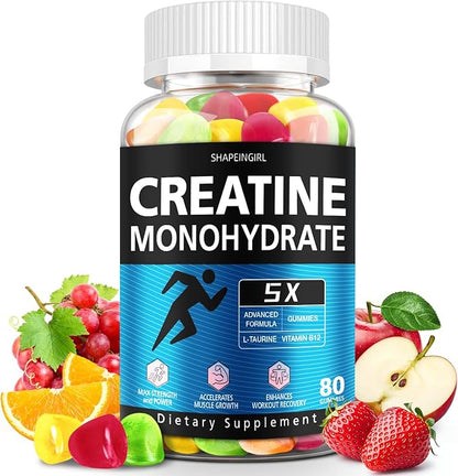 Creatine Monohydrate Gummies for Men & Women - Low Sugar Chewable Creatine Gummies - Muscle Support, Energy & Fitness Supplement, Mixed Various Fruit Flavors - 80 Count