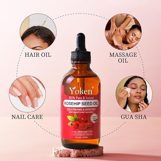 Yoken Rosehip Seed Oil for Face, 100% Pure and Natural Cold Pressed Unrefined Organic Rosehip Carrier Oil for Skin, Hair, Body & Nails - Lightweight, Fast-Absorbing (4 fl oz)