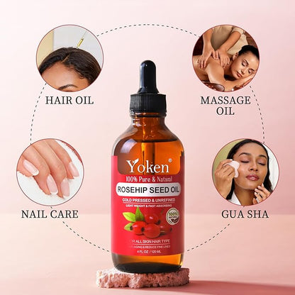 Yoken Rosehip Seed Oil for Face, 100% Pure and Natural Cold Pressed Unrefined Organic Rosehip Carrier Oil for Skin, Hair, Body & Nails - Lightweight, Fast-Absorbing (4 fl oz)