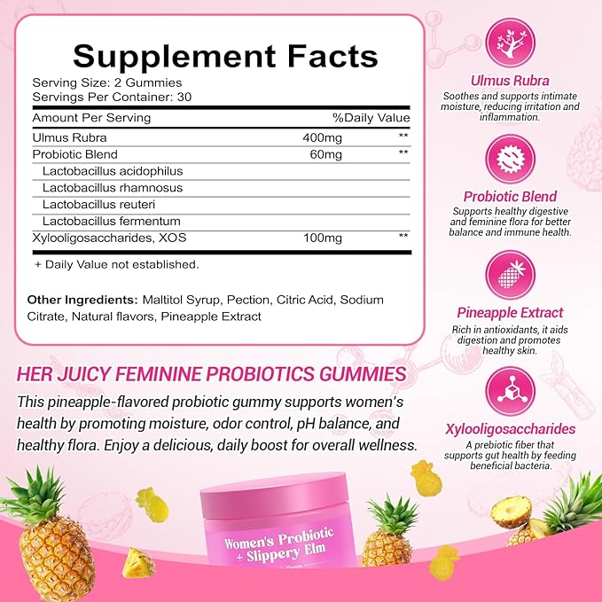Her Juicy Feminine Probiotics Gummies, Premium Feminine Balance Gummies with Slippery Elm for Women's pH Balance, Healthy Odor, Flora and Immune Support 30-Day Supply