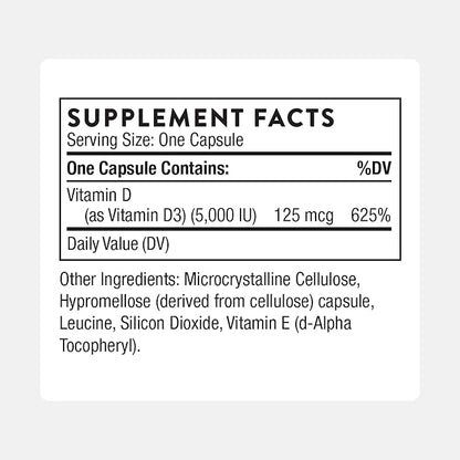 THORNE - Vitamin D-5,000 - Vitamin D3 Supplement - Supports Healthy Bones, Teeth & Muscles, Plus Cardiovascular & Immune Function* - NSF Certified for Sport - Gluten, Dairy & Soy-Free - 60 Capsules