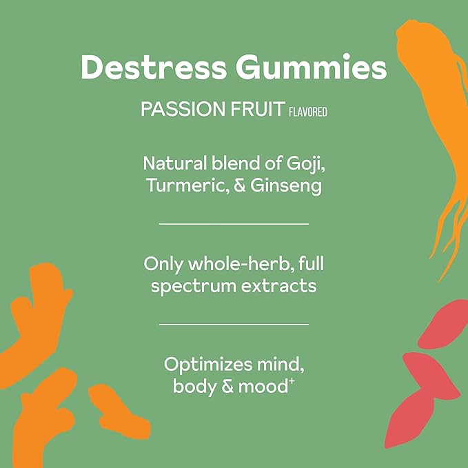 De-Stress Gummies with American Ginseng, Turmeric, and Goji - Assist with Stress Relief & Mood Boost, All-Natural Relaxation, Low-Sugar, 45 Vegan Gummies, Passion Fruit (Pack of 1)