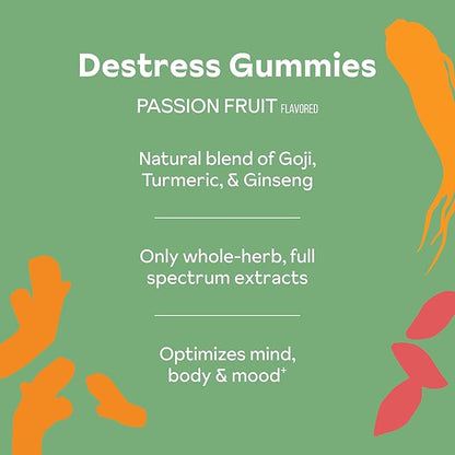 De-Stress Gummies with American Ginseng, Turmeric, and Goji - Assist with Stress Relief & Mood Boost, All-Natural Relaxation, Low-Sugar, 45 Vegan Gummies, Passion Fruit (Pack of 1)