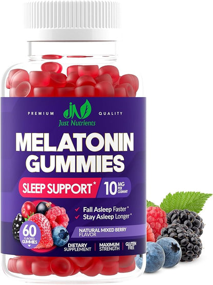 Melatonin 10mg Gummies with 10mg of Melatonin Per Gummy (60 Servings) - Maximum Strength Sleep Support for Adults - Gluten-Free, Non-GMO, Vegetarian, Great Tasting Mixed Berry Flavor - 60 Servings