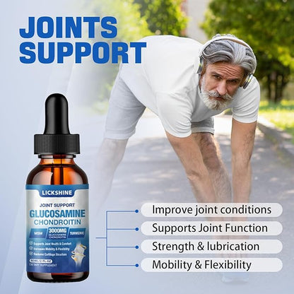 lickshine 1 Pack Glucosamine Chondroitin MSM Liquid Drops - Extra Strength Joint Support Supplement for Adults with Quercetin Boswelia, Bromelain, Hyaluronic Acid, Antioxidant Immune Support (2 Fl oz)